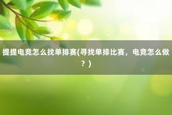 提提电竞怎么找单排赛(寻找单排比赛，电竞怎么做？)